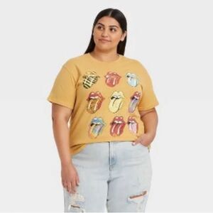 NWT The Rolling Stones Multi Logo Short Sleeve Women's Graphic T-Shirt Mustard